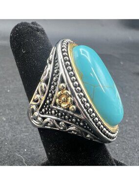 Vintage Huge Faux Turquoise Statement Ring Size 7 Ornate Cocktail Boho